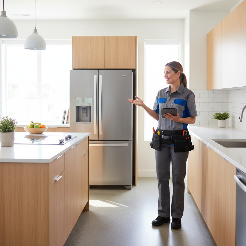 Smiling appliance repair technician in a modern kitchen