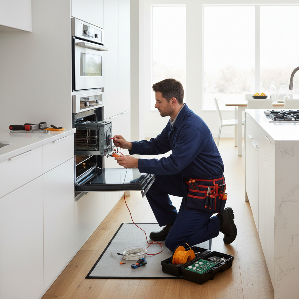 Technician repairing a built-in oven